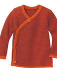 Disana wool melange side button sweater in orange-cassis.