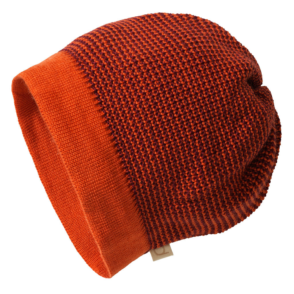 Disana wool beanie hat in orange cassis melange