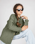 Lifestyle of the Engel organic boiled wool shirt jacket in sage
