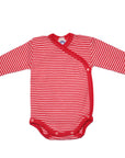 Cosilana wool silk long sleeve kimono style bodysuit in red and natural stripe