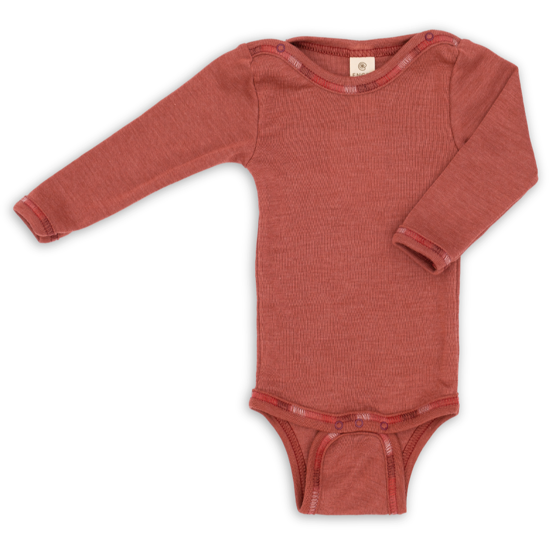 Engel long sleeved wool silk snap bodysuit in copper