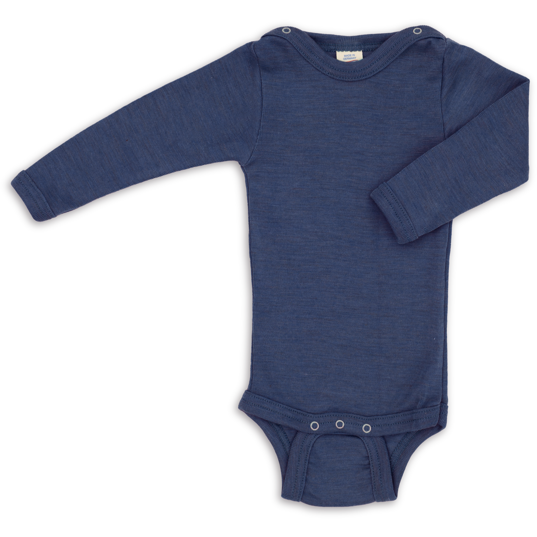 Engel long sleeved wool silk snap bodysuit in navy