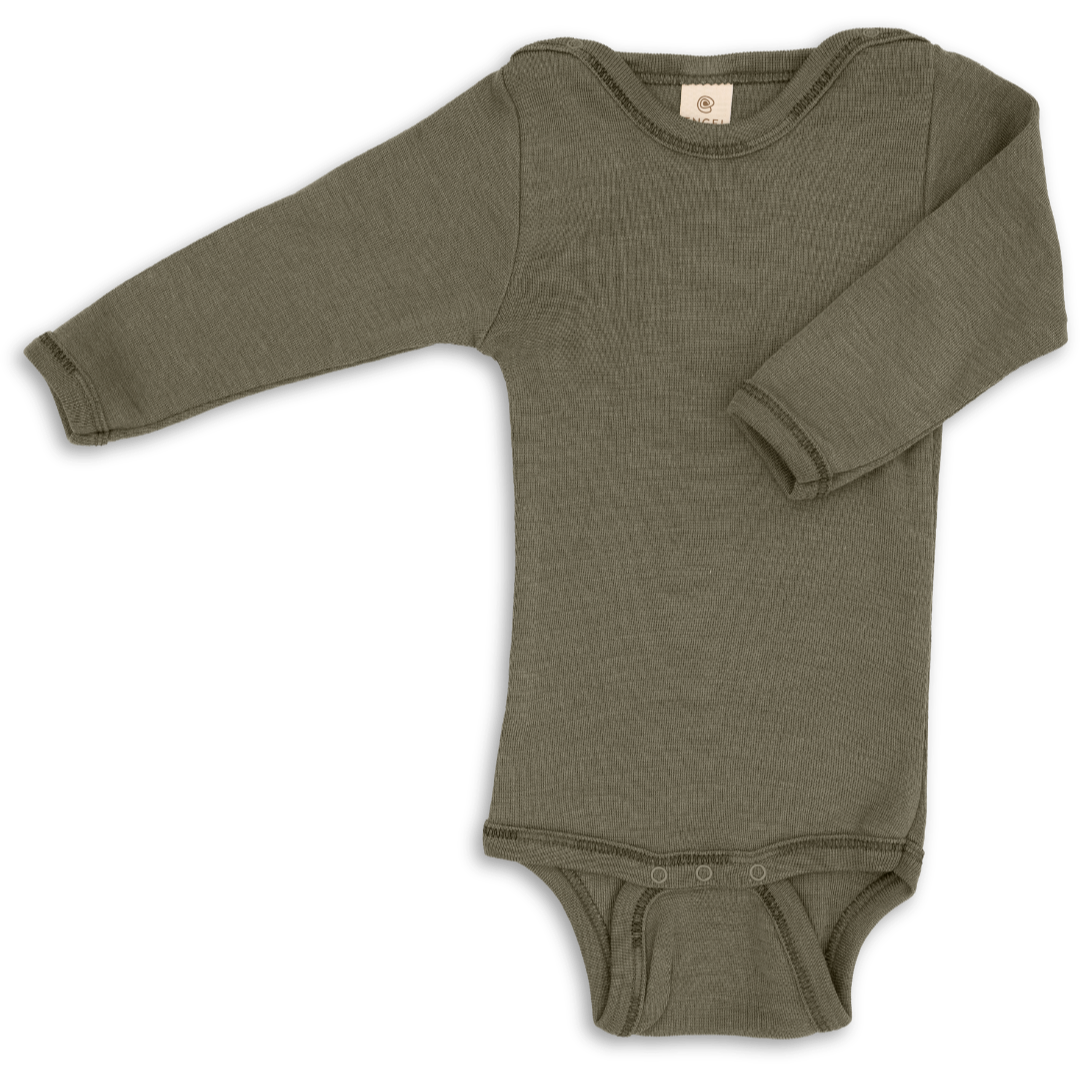 Engel long sleeved wool silk snap bodysuit in olive