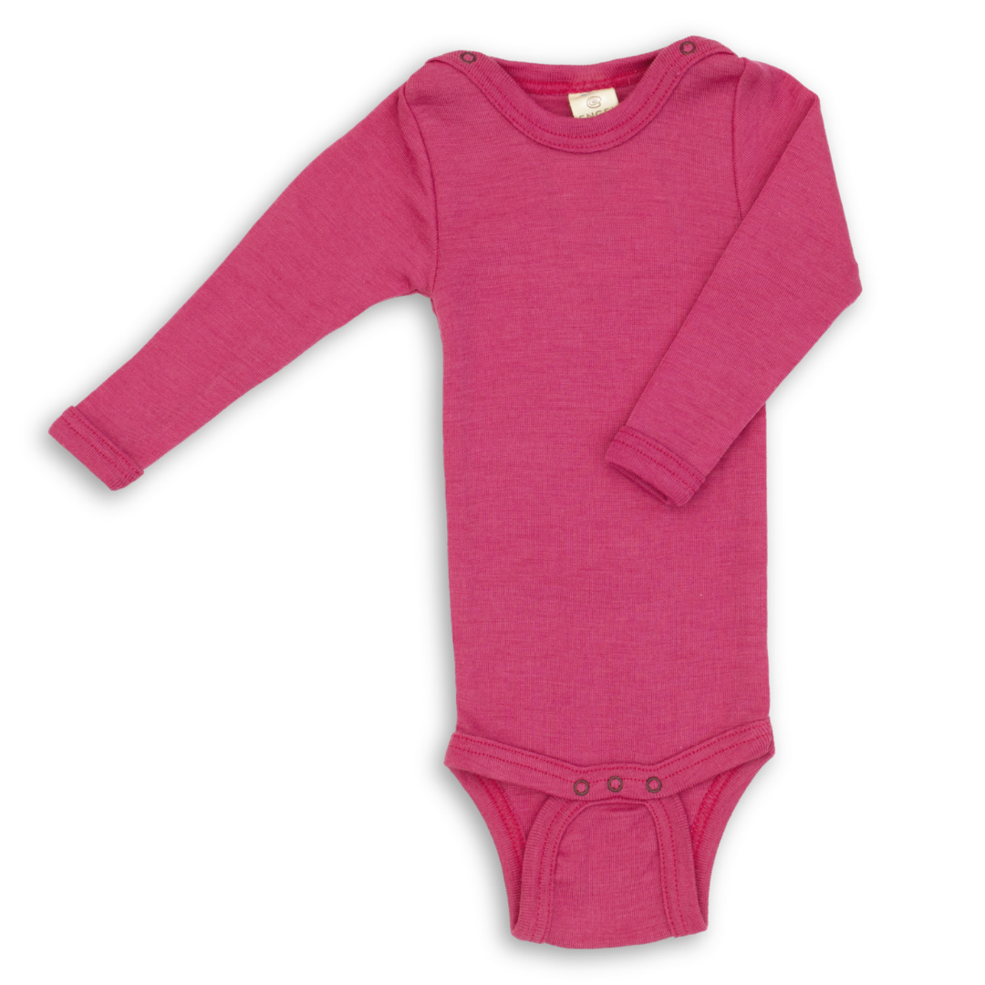 Engel long sleeved wool silk snap bodysuit in raspberry