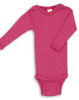 Engel long sleeved wool silk snap bodysuit in raspberry
