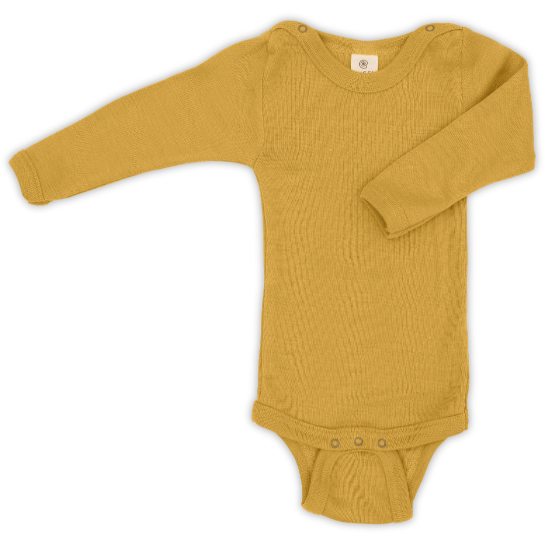 Engel long sleeved wool silk snap bodysuit in saffron
