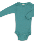Engel long sleeved wool silk snap bodysuit in turquoise