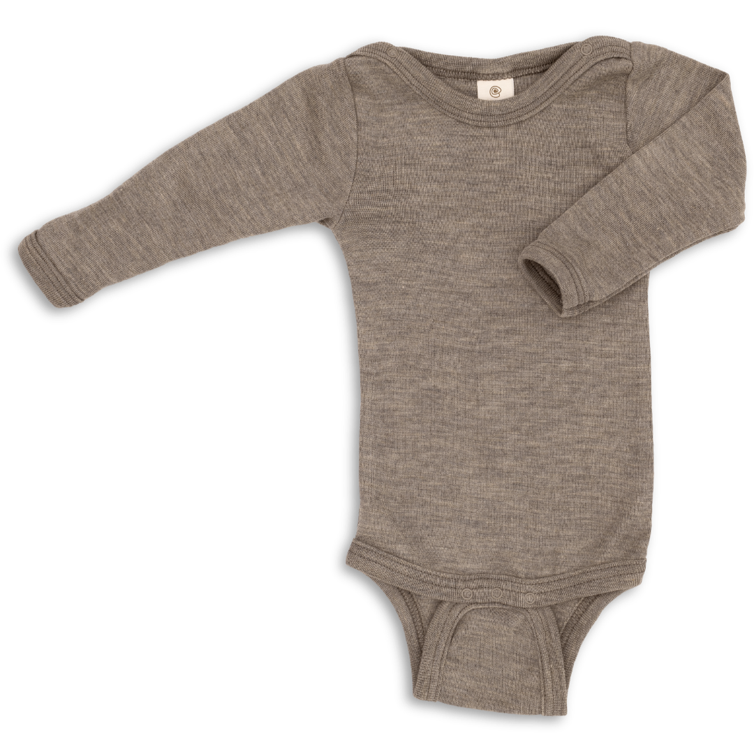 Engel long sleeved wool silk snap bodysuit in walnut
