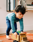Toddler in the Engel navy-teal striped wool-silk shirt