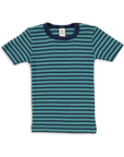 Engel striped tee made of a wool/silk blend in navy and turquoise.