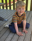 Young boy wearing the Engel retro stripe wool/silk tee