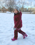 Lifestyle photo of boiled wool jacket in cassis