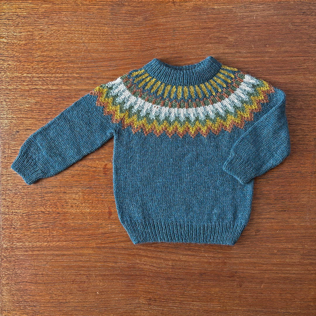 Miou Kids Fair Isle Sweater in Indigo. Made of 100% baby alpaca