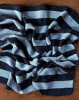 100% wool baby blanket in navy-light-blue thick stripe. Made by Reiff