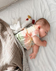 Baby sleeping with the Senger organic cotton non-toxic Cuddly white small chicken