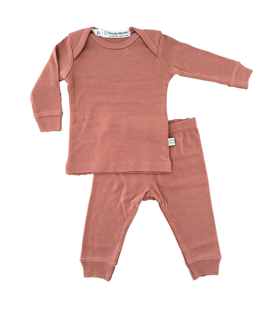 Simply Merino 100% wool baby pajamas in dusky rose