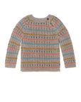 Serendipity's alpaca multicolored rib knit sweater with horizontal stripes of blue, yellow, pink, and brown over a gray base