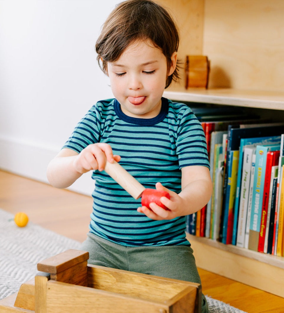 Toddler in striped turquoise and navy wool and silk Engel tee