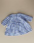Back of long sleeve linen dress in blue gingham