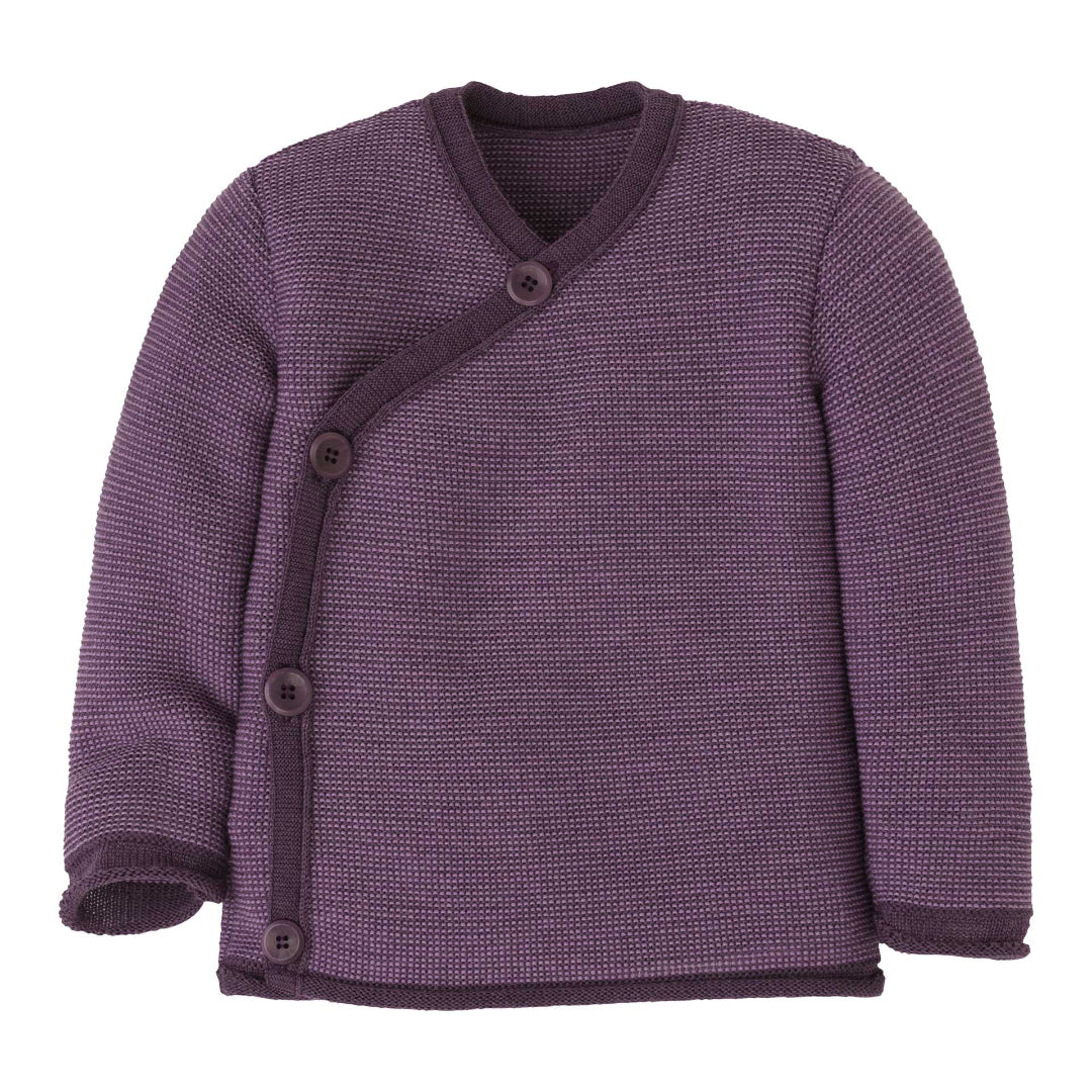 Disana wool melange side button sweater in aubergine-lilac.