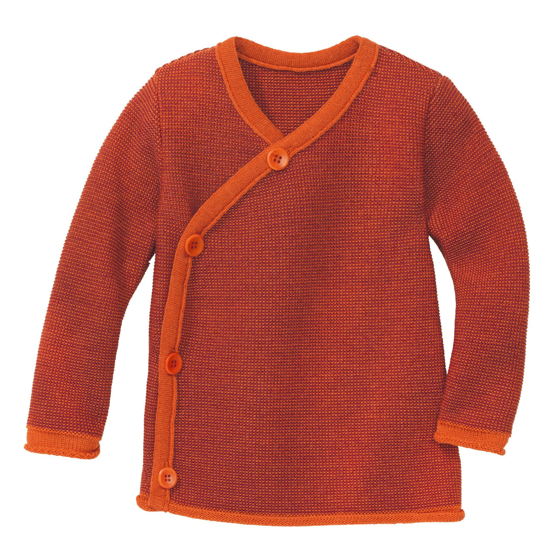 Disana wool melange side button sweater in orange-cassis.