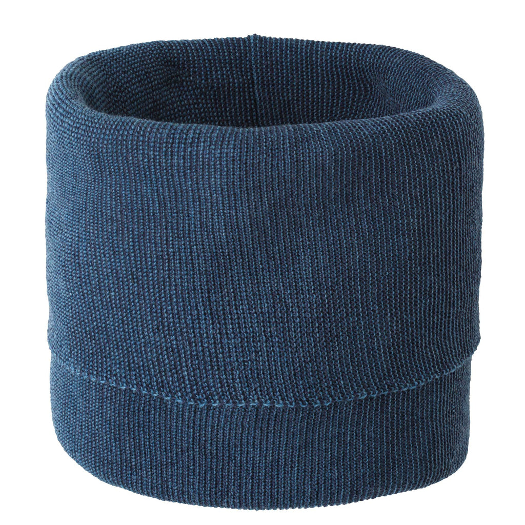single size Disana 100% merino wool melange neck warmer in indigo-blue dove