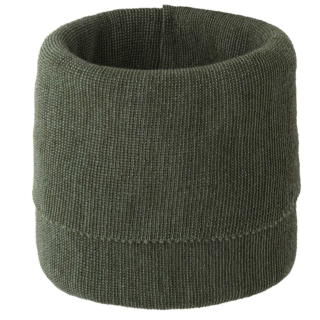 single size Disana 100% merino wool melange neck warmer in olive-jade