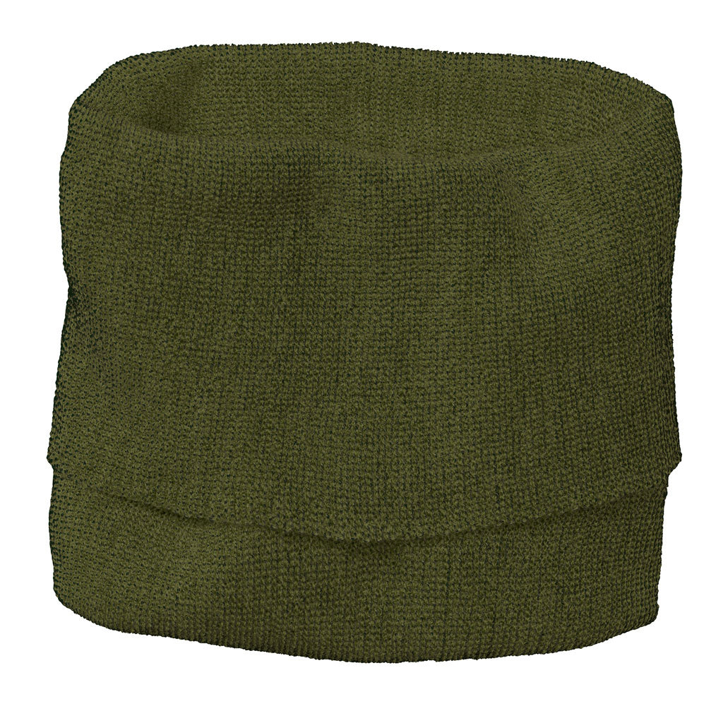 single size Disana 100% merino wool melange neck warmer in olive charcoal