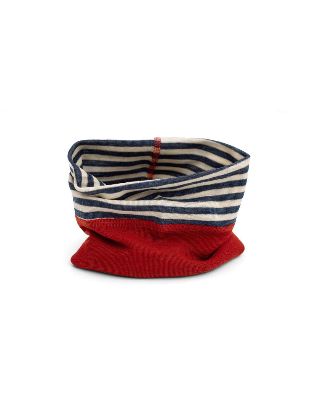 Engel 100% wool neck warmer for kids in blue-natural stripe with a red trim