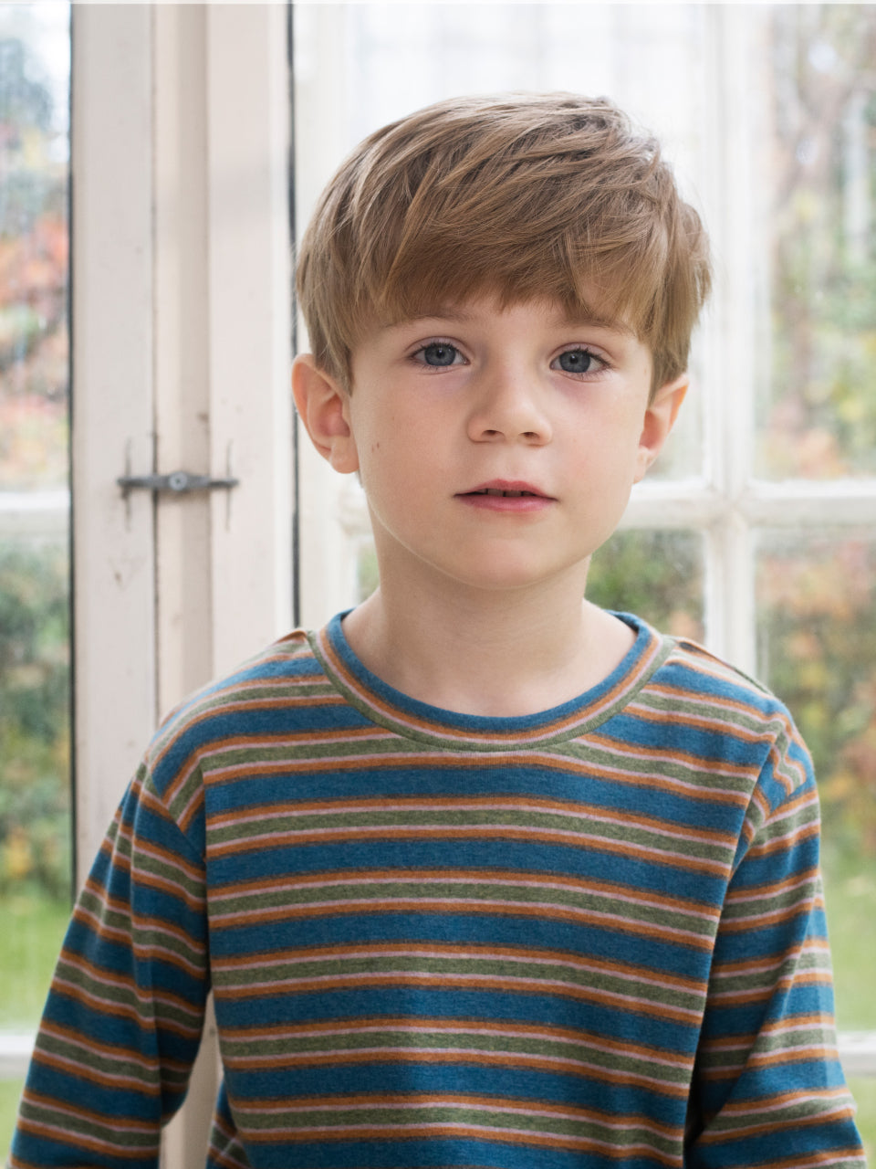 Boy wearing Serendipity river stripe cotton long sleeve shirt
