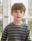 Boy wearing Serendipity river stripe cotton long sleeve shirt