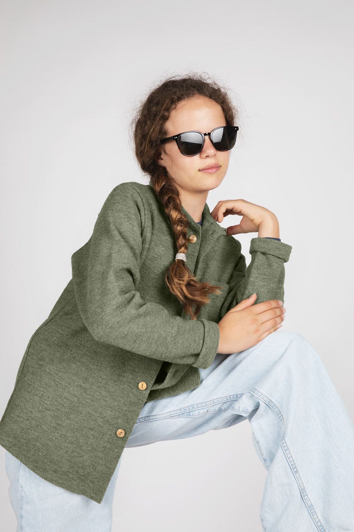 Lifestyle of the Engel organic boiled wool shirt jacket in sage