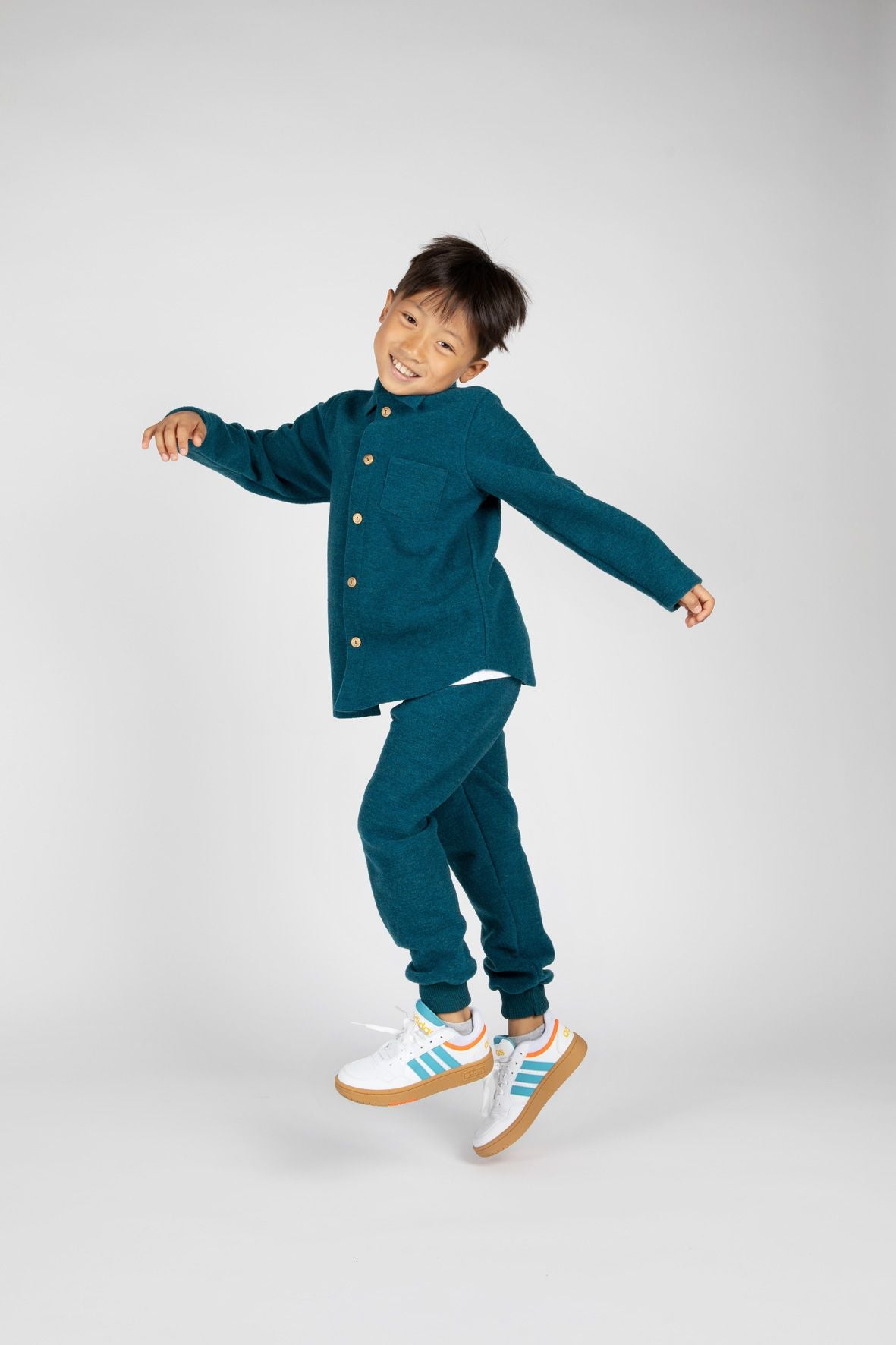 Lifestyle of the Engel organic boiled wool shirt jacket in pacific