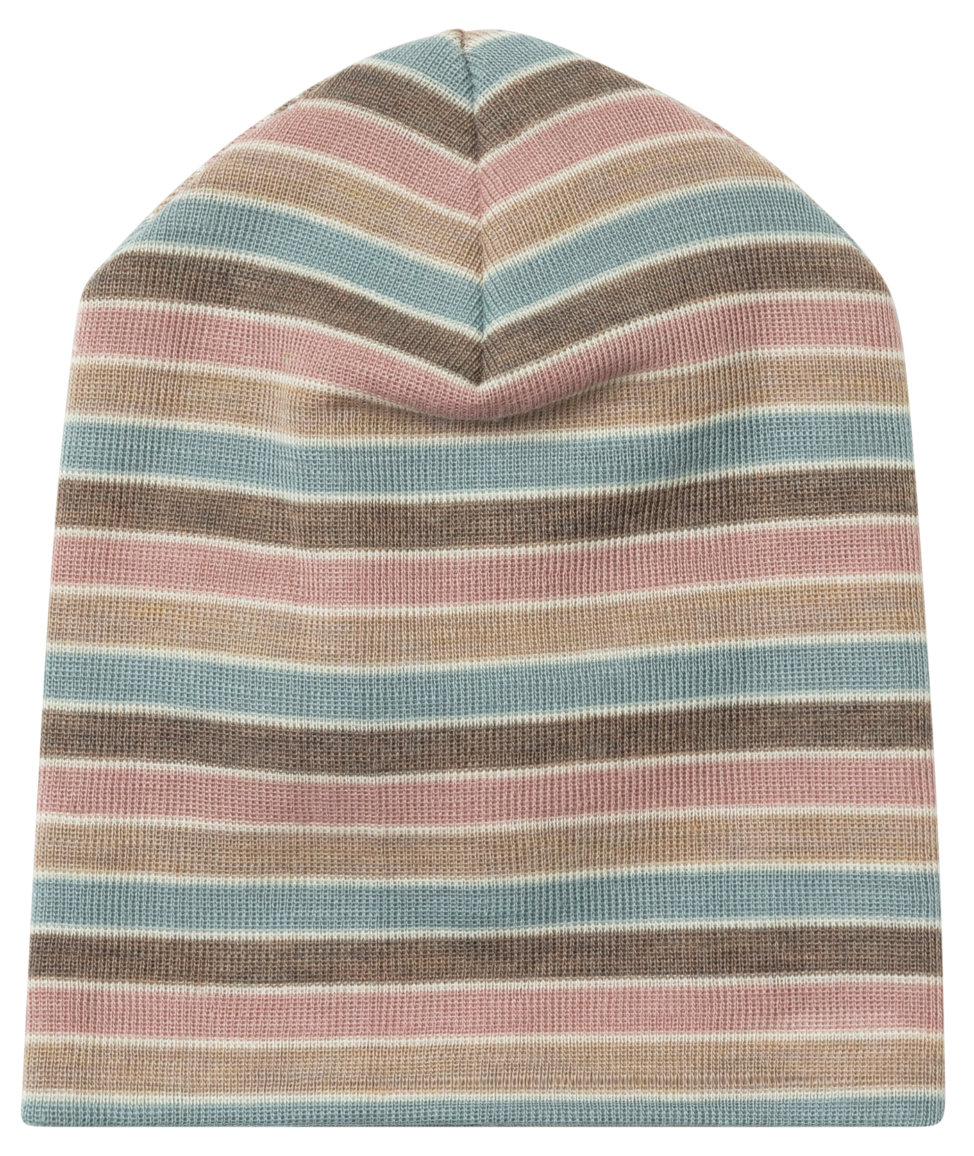 Engel wool/silk pastel stripe beanie hat with horizontal stripes in dusty pink, light blue, brown, beige, and white,