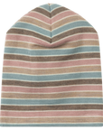 Engel wool/silk pastel stripe beanie hat with horizontal stripes in dusty pink, light blue, brown, beige, and white,