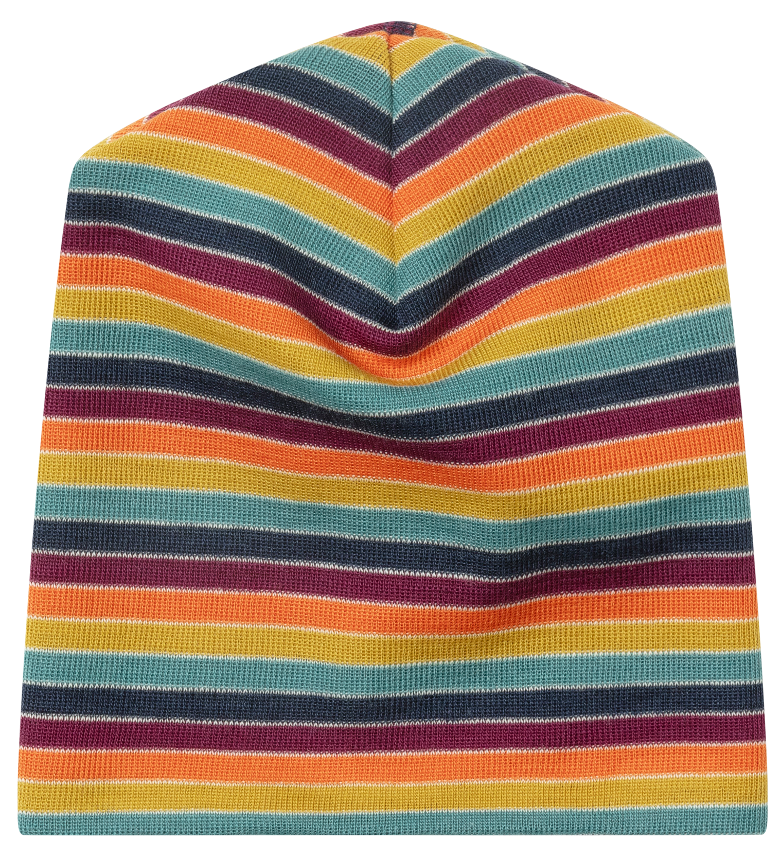 Engel wool/silk retro stripe beanie hat featuring horizontal stripes in orange, yellow, teal, dark blue, and burgundy.