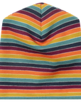 Engel wool/silk retro stripe beanie hat featuring horizontal stripes in orange, yellow, teal, dark blue, and burgundy.
