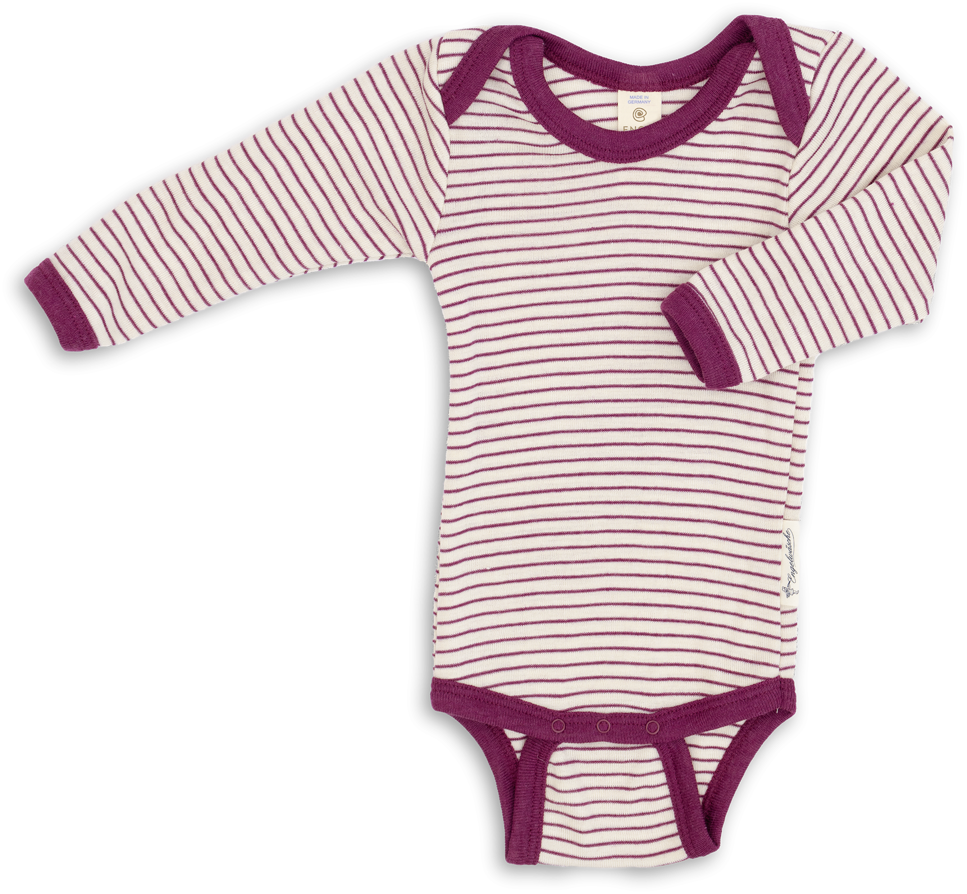 Engel wool silk long sleeved bodysuit in natural and thin orchid stripe