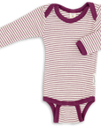 Engel wool silk long sleeved bodysuit in natural and thin orchid stripe
