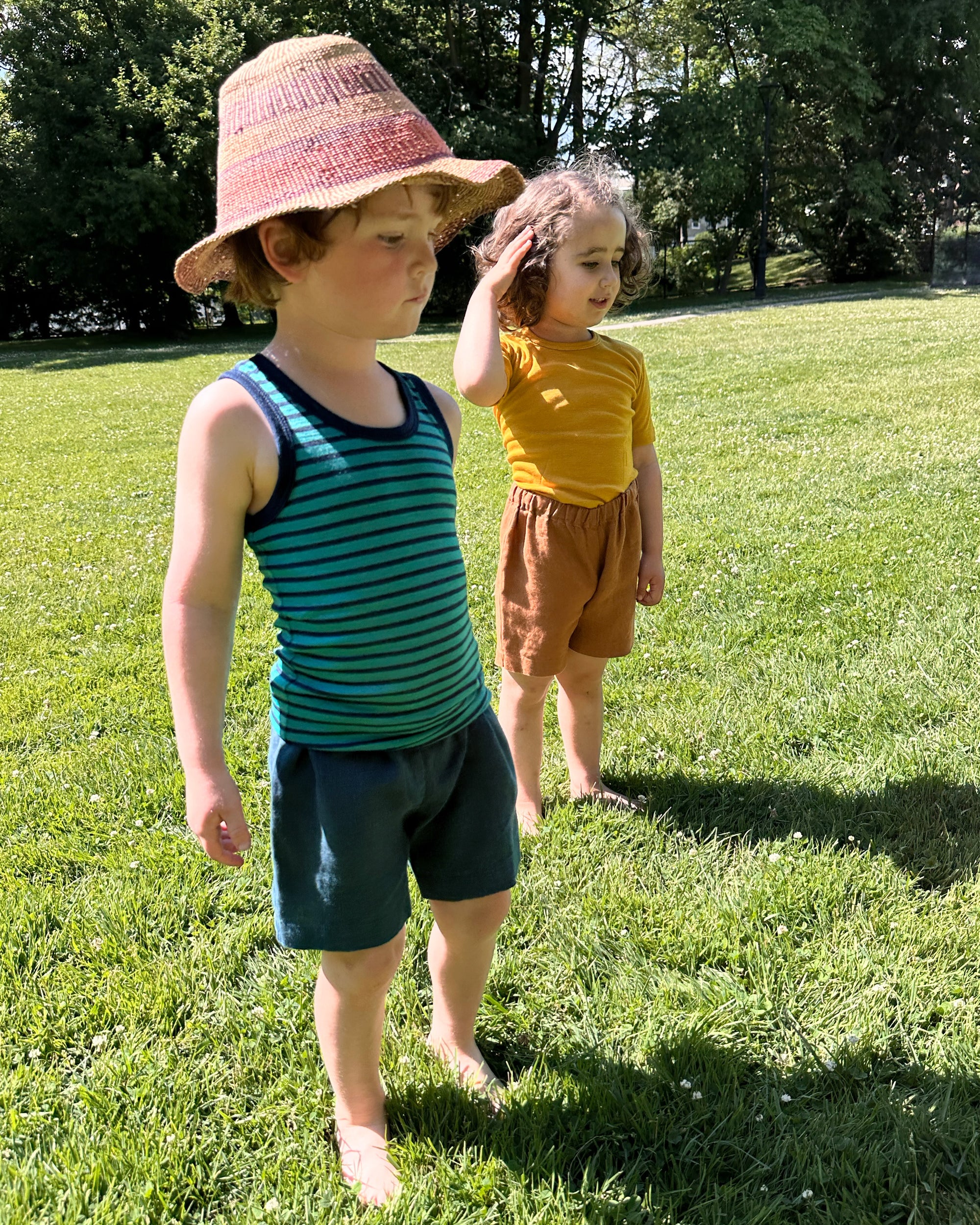Toddlers in linen shorts