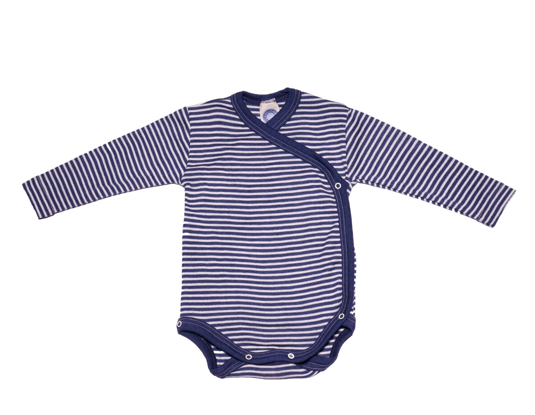 Cosilana wool silk long sleeve kimono style bodysuit in navy and natural stripe