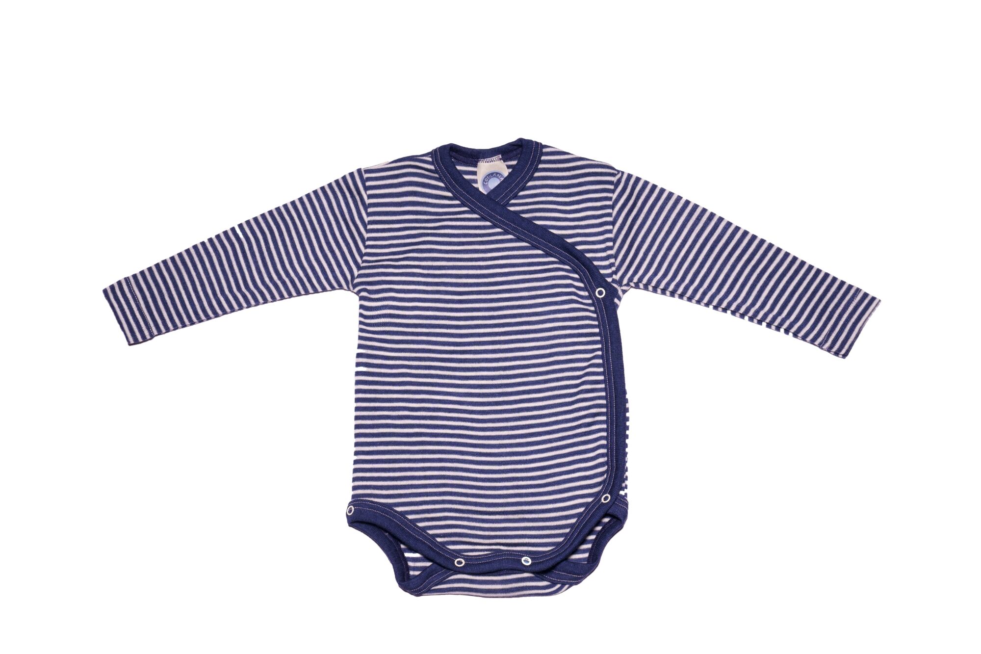 Cosilana wool silk long sleeve kimono style bodysuit in navy and natural stripe