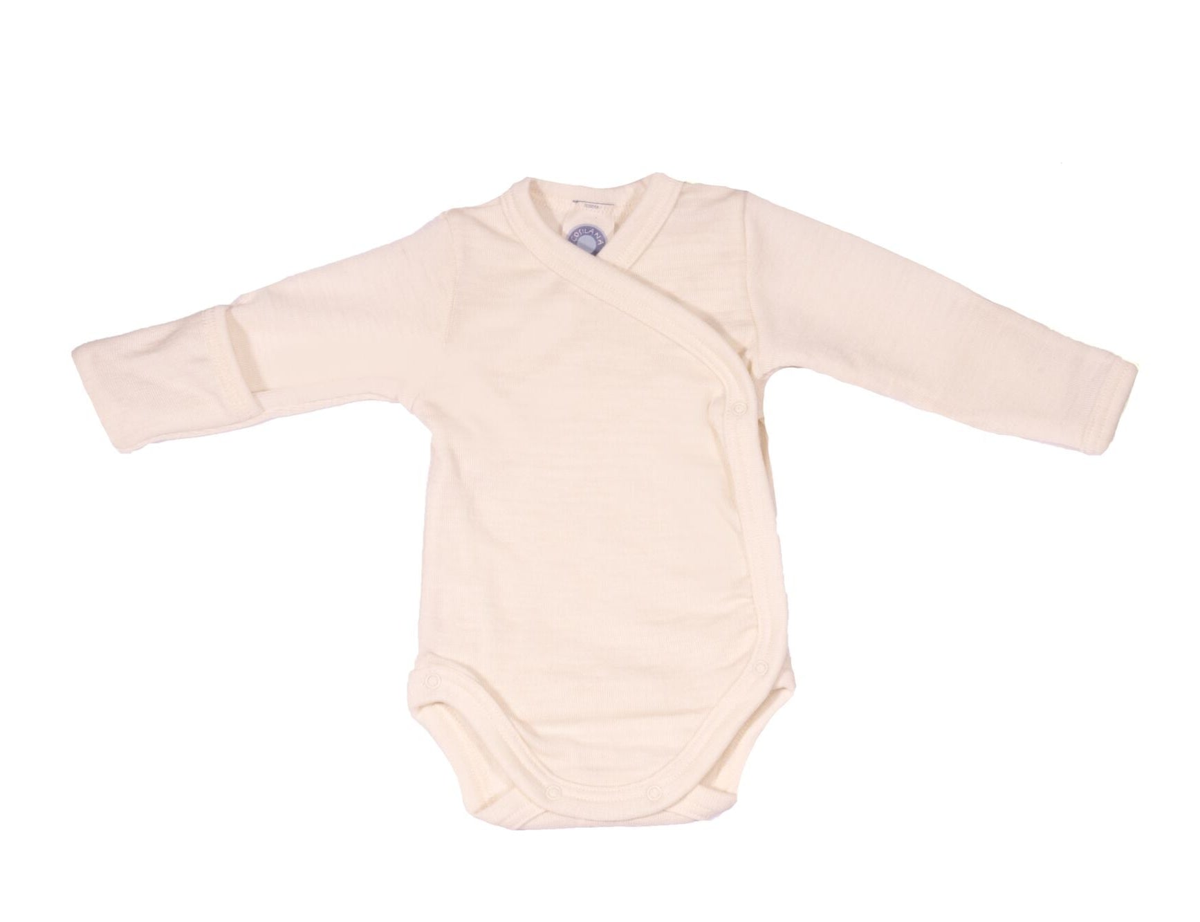 Cosilana wool silk long sleeve kimono style bodysuit in natural with fold over hand covers