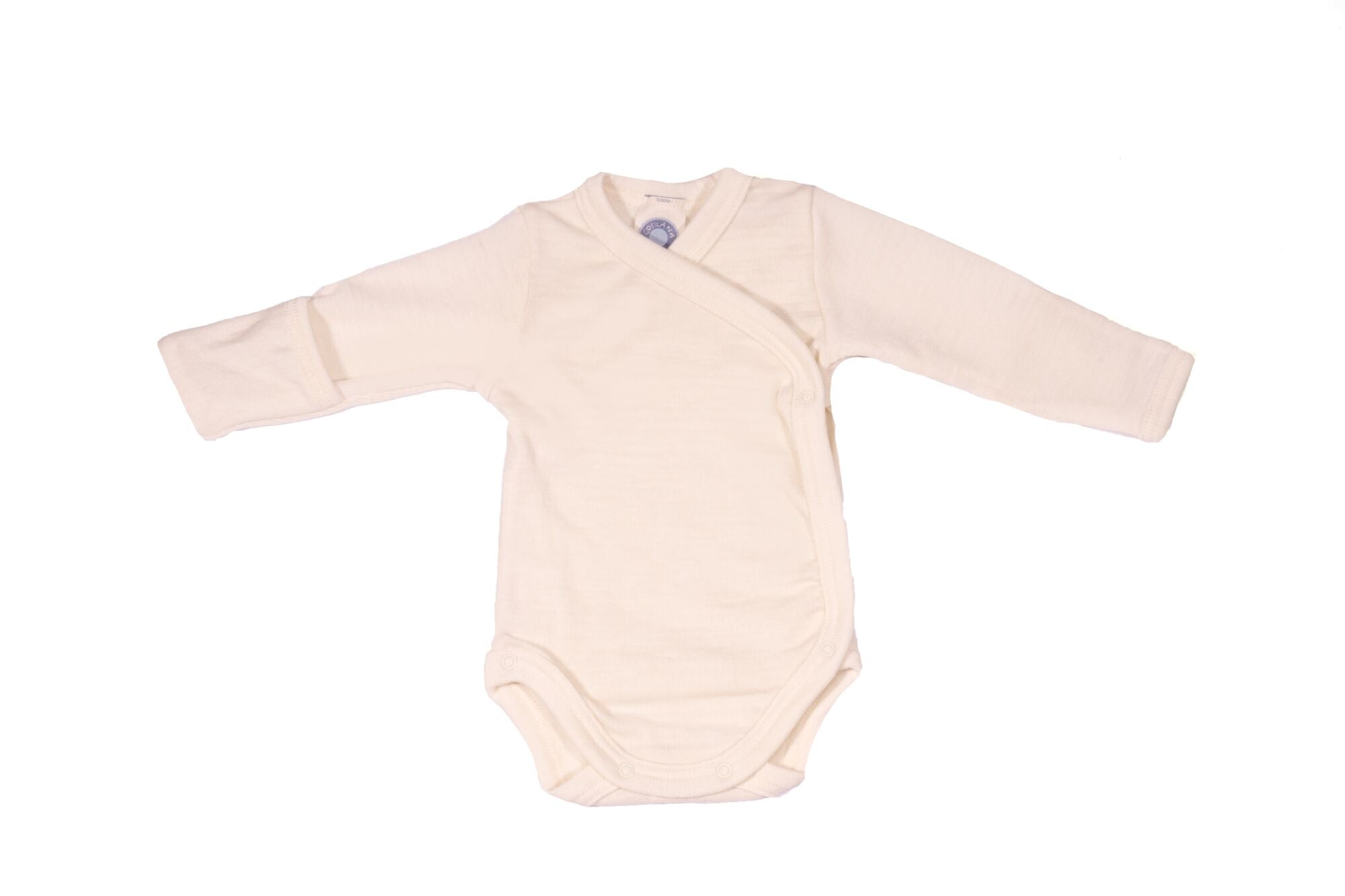 Cosilana wool silk long sleeve kimono style bodysuit in natural with fold over hand covers