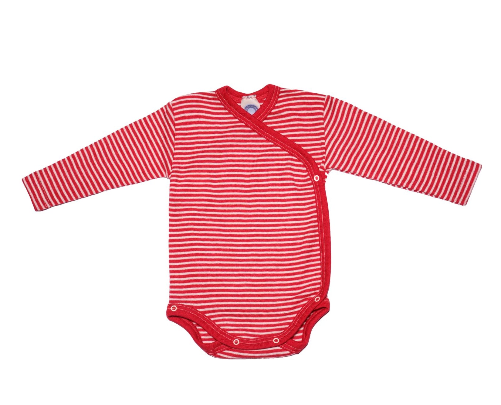Cosilana wool silk long sleeve kimono style bodysuit in red and natural stripe