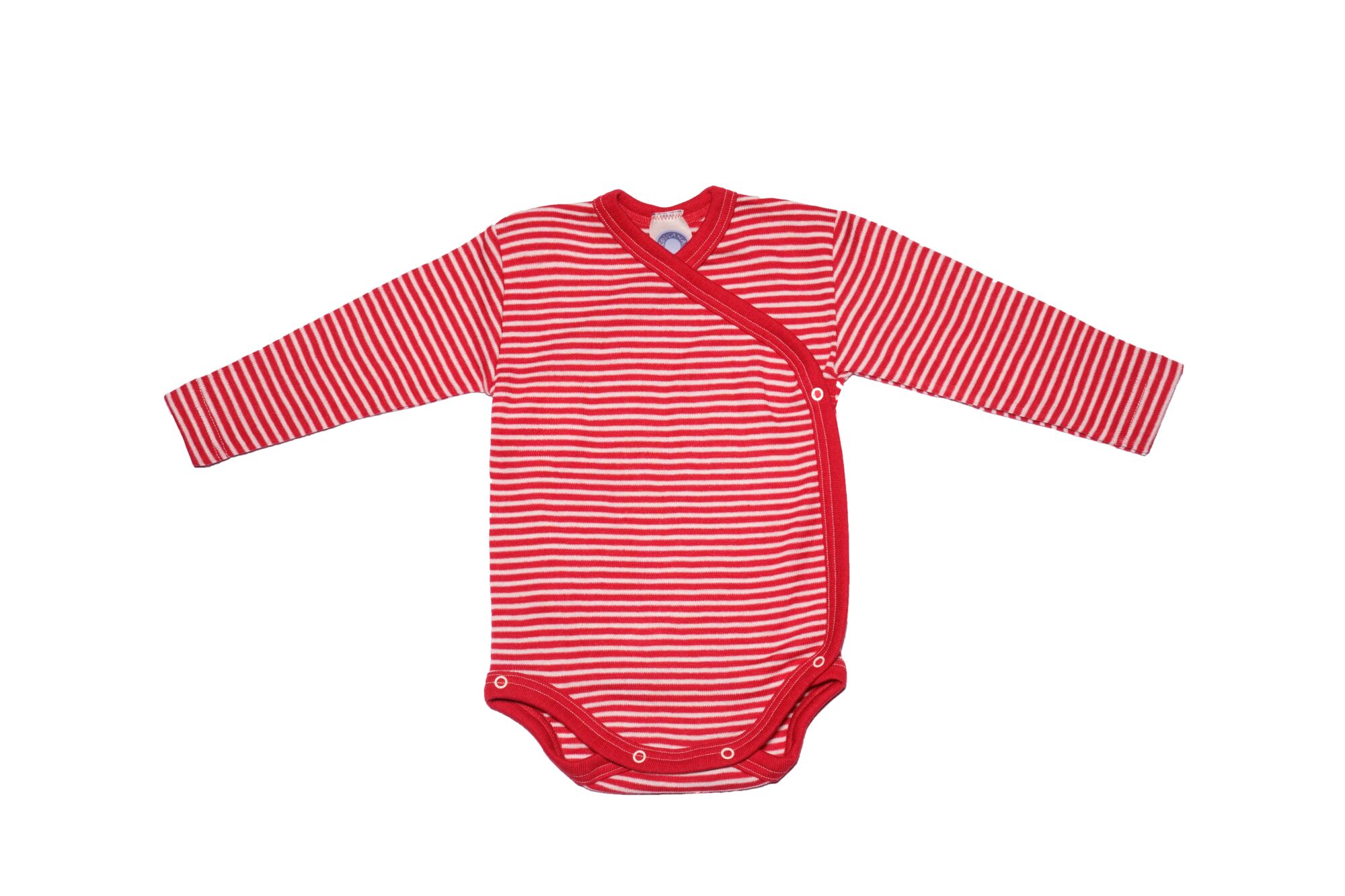 Cosilana wool silk long sleeve kimono style bodysuit in red and natural stripe