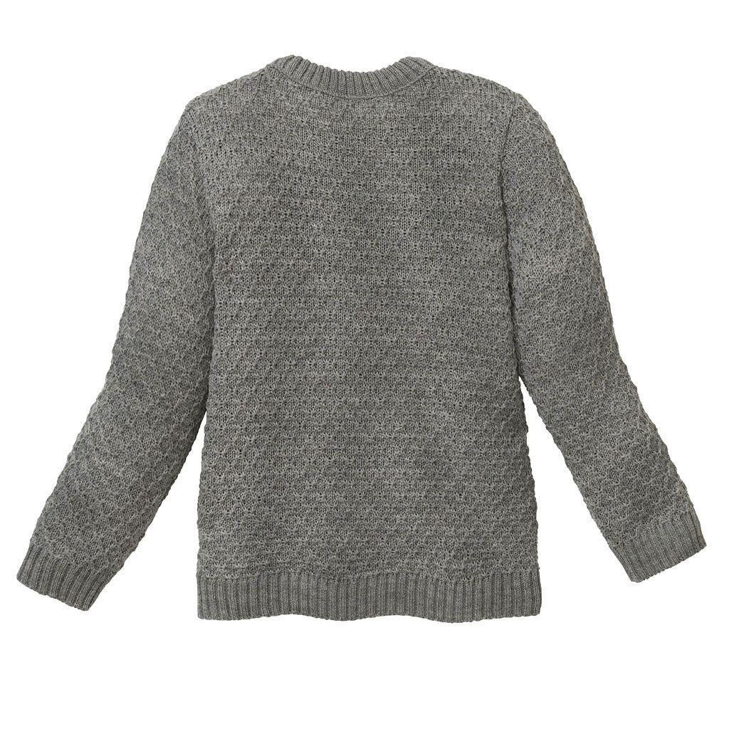 The back of the Disana Aran wool sweater in gray