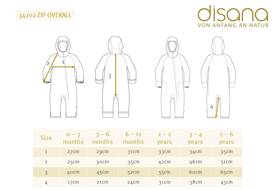 size chart for the Disana zip overall