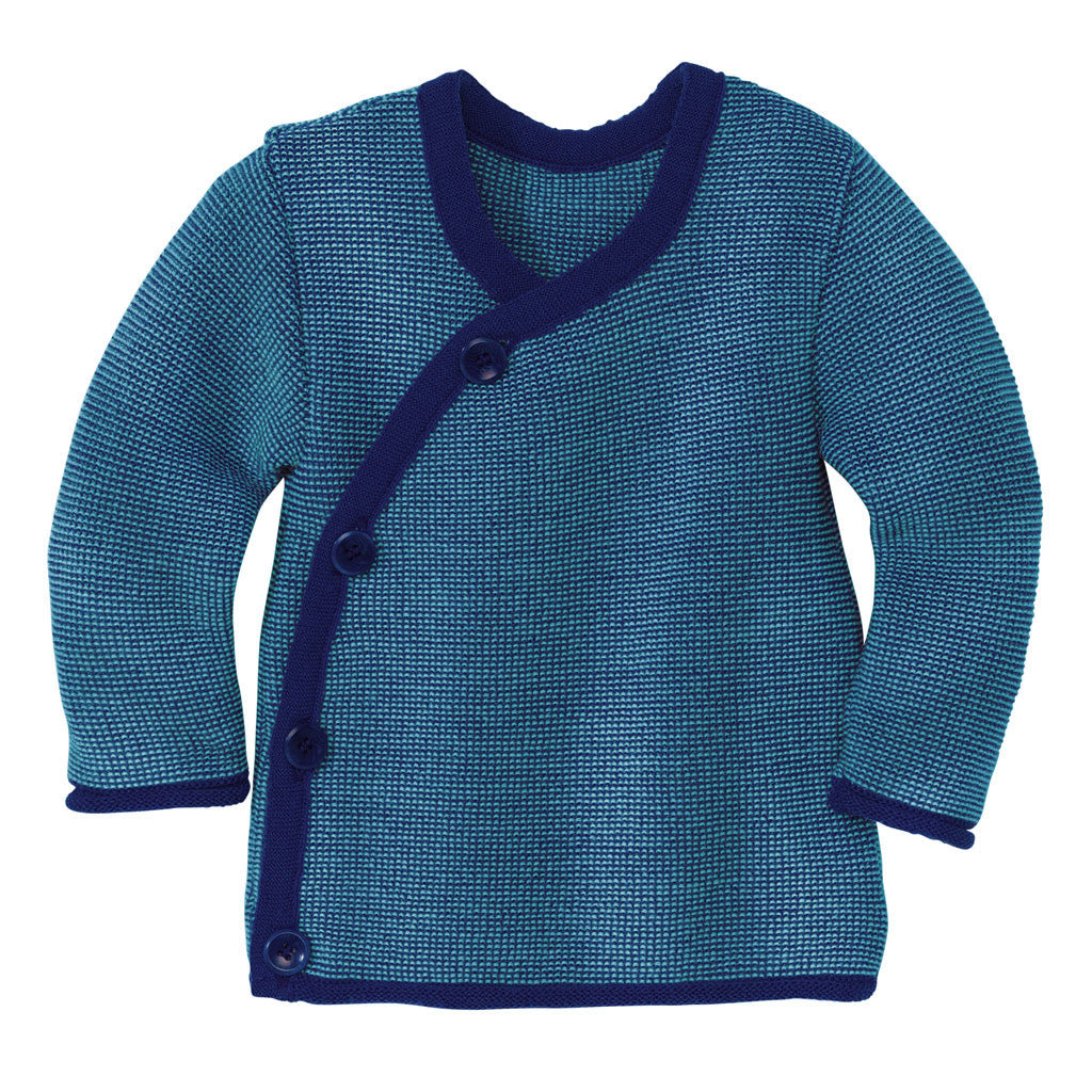 Disana side button sweater in navy-pacific. Made of soft 100% merino wool