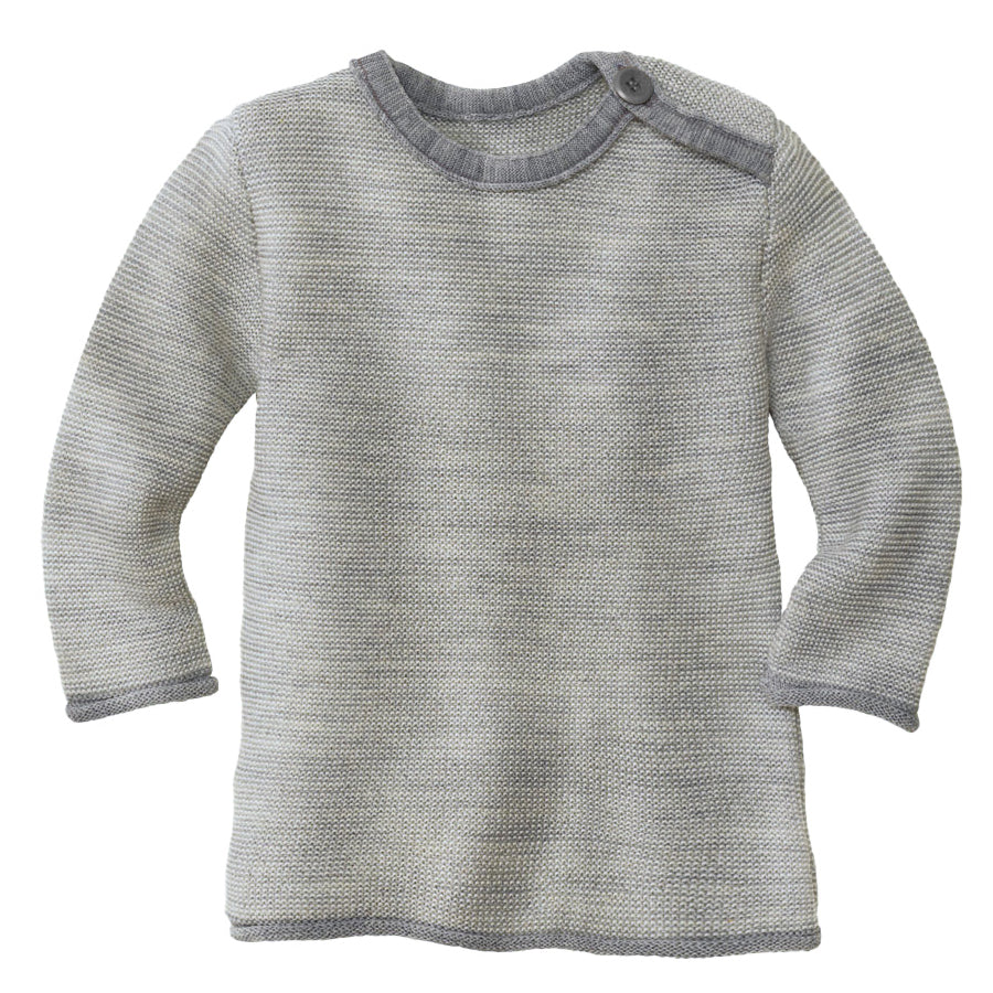 Disana melange sweater in gray-natural. Made of 100% soft merino wool.